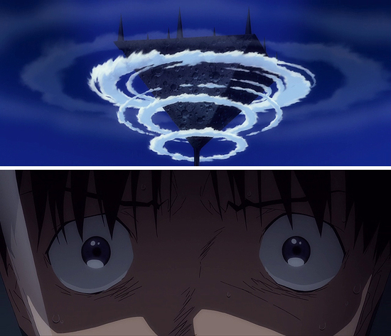 [3.33] Shinji, dall'alto, osserva gli orrori prodotti dal Third Impact